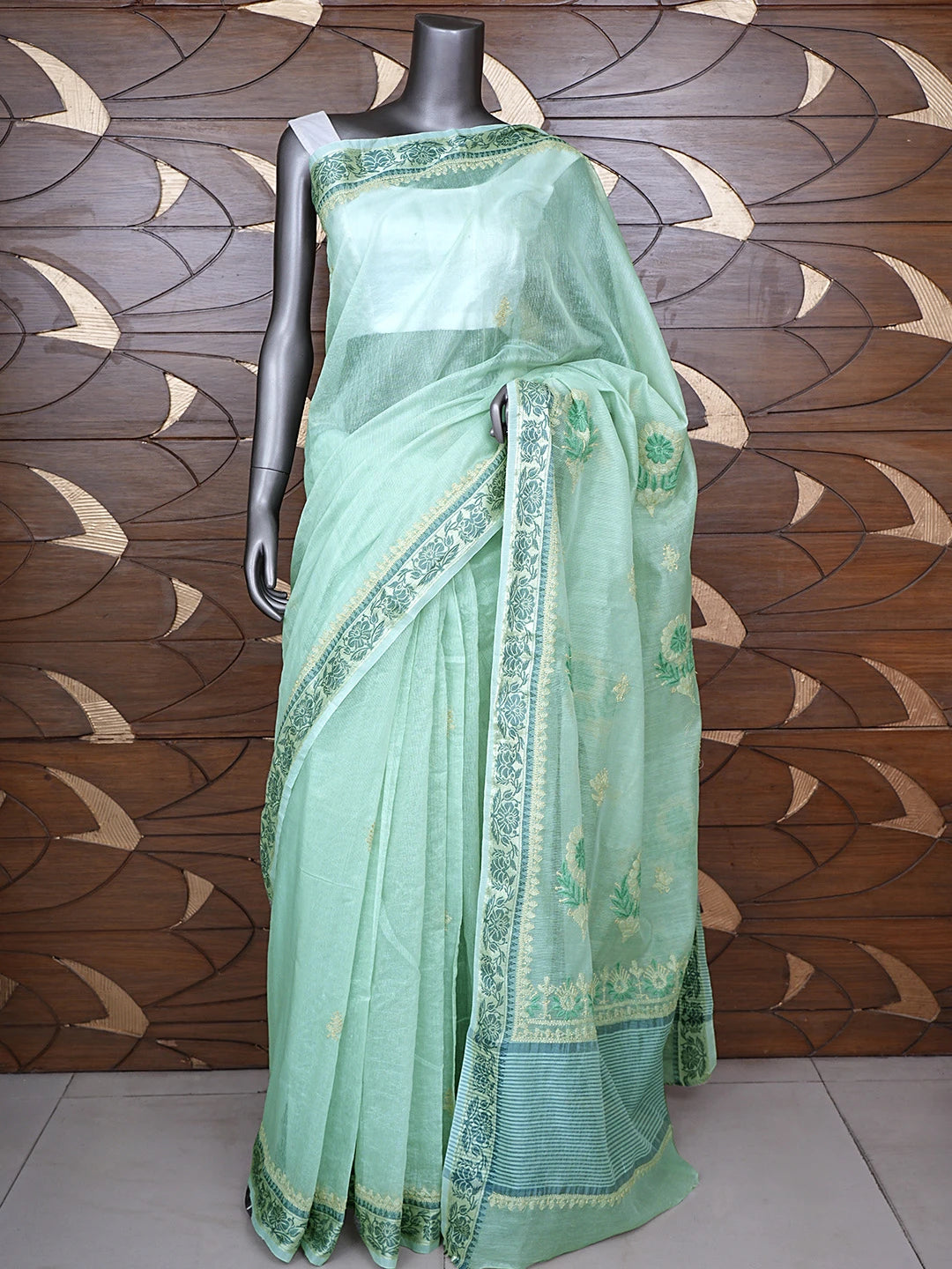 Ada Hand Embroidered Celadon Green Kota Chanderi Lucknowi Chikankari Saree and Blouse 01A900840