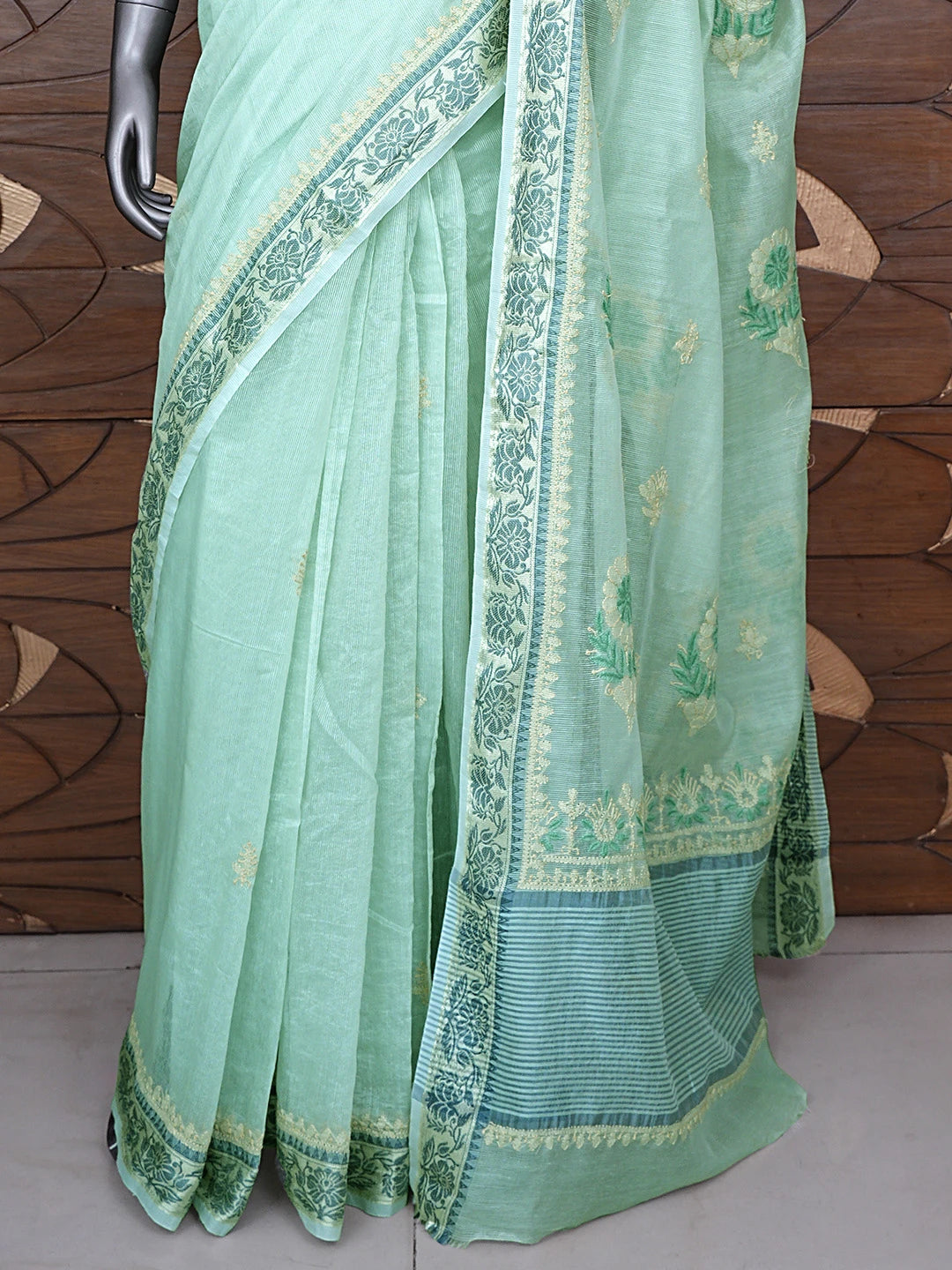 Ada Hand Embroidered Celadon Green Kota Chanderi Lucknowi Chikankari Saree and Blouse 01A900840