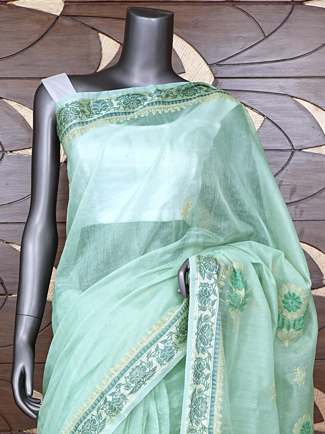 Ada Hand Embroidered Celadon Green Kota Chanderi Lucknowi Chikankari Saree and Blouse 01A900840