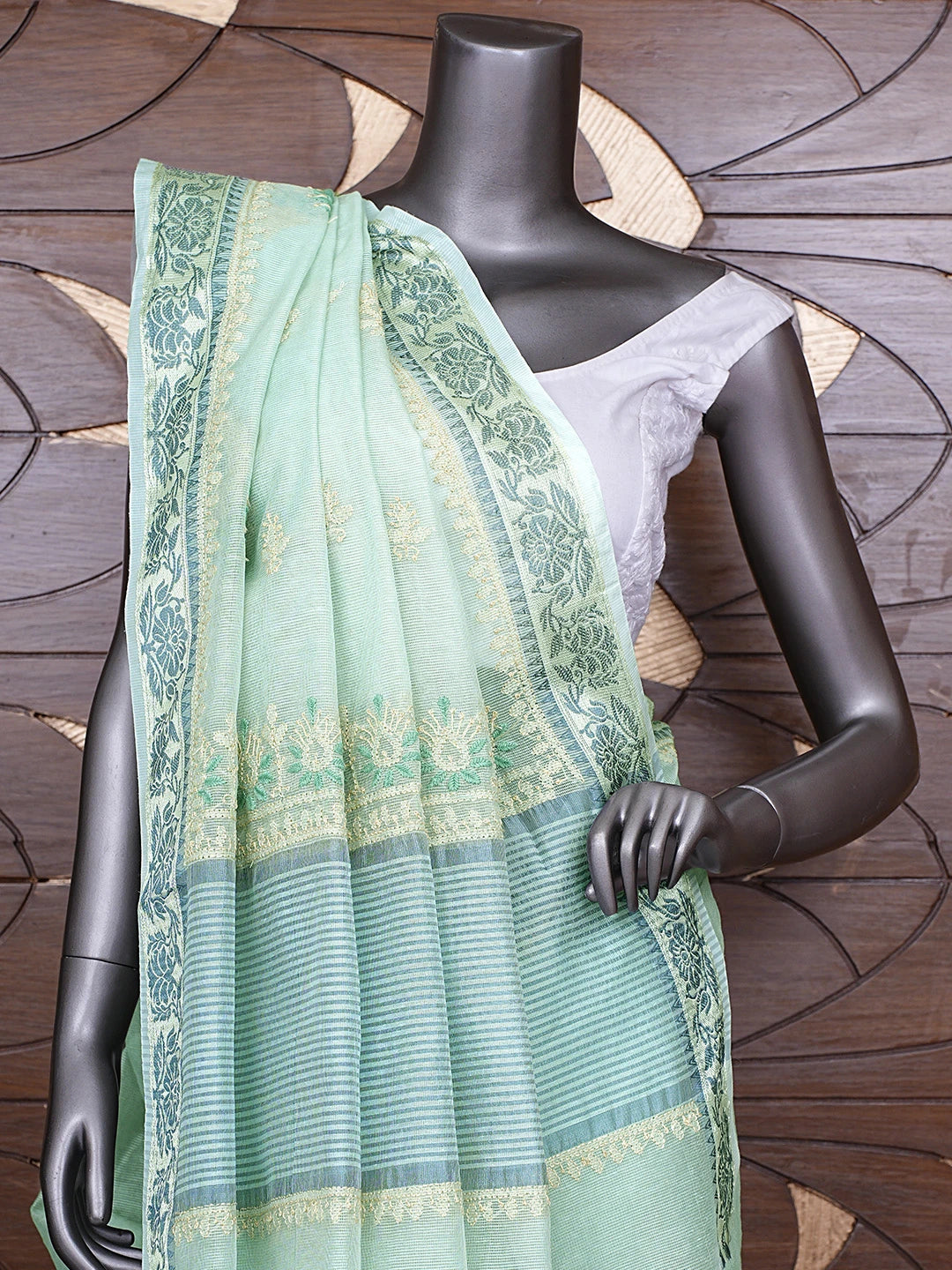 Ada Hand Embroidered Celadon Green Kota Chanderi Lucknowi Chikankari Saree and Blouse 01A900840