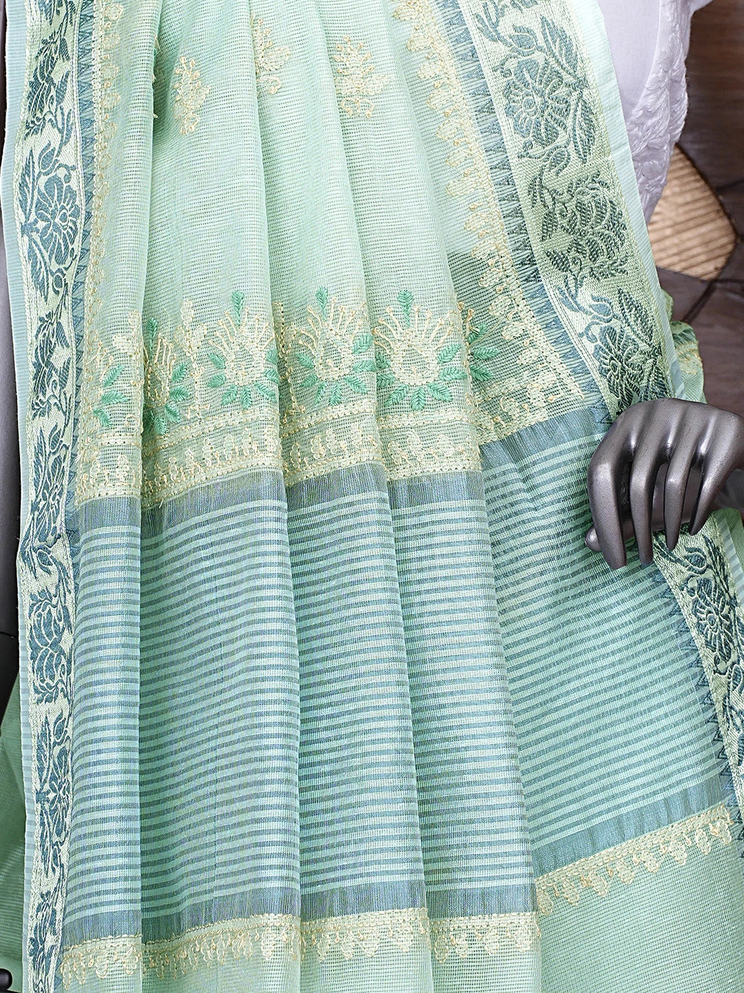 Ada Hand Embroidered Celadon Green Kota Chanderi Lucknowi Chikankari Saree and Blouse 01A900840
