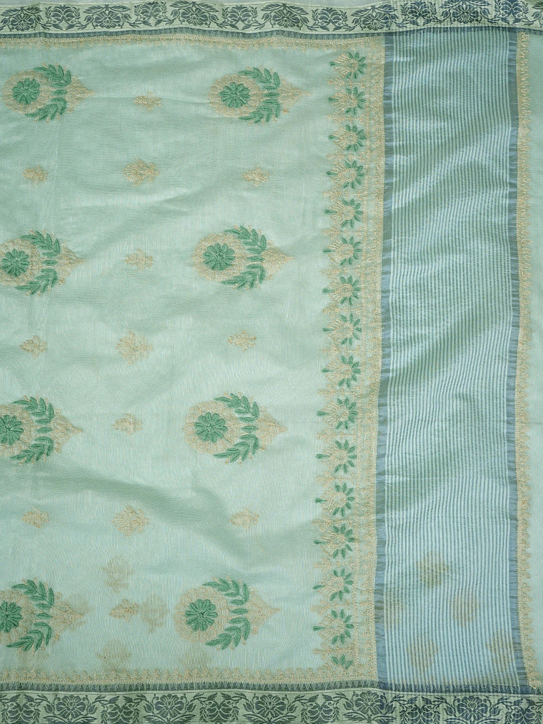 Ada Hand Embroidered Celadon Green Kota Chanderi Lucknowi Chikankari Saree and Blouse 01A900840