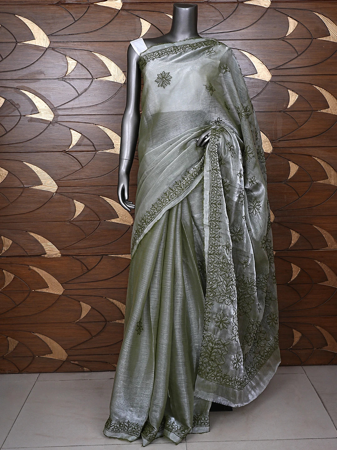 Ada Hand Embroidered Olive Green Organza Lucknowi Chikankari Saree and Blouse 01A901815