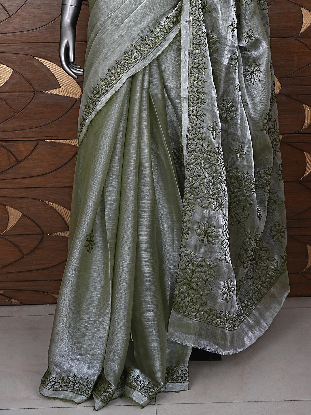 Ada Hand Embroidered Olive Green Organza Lucknowi Chikankari Saree and Blouse 01A901815