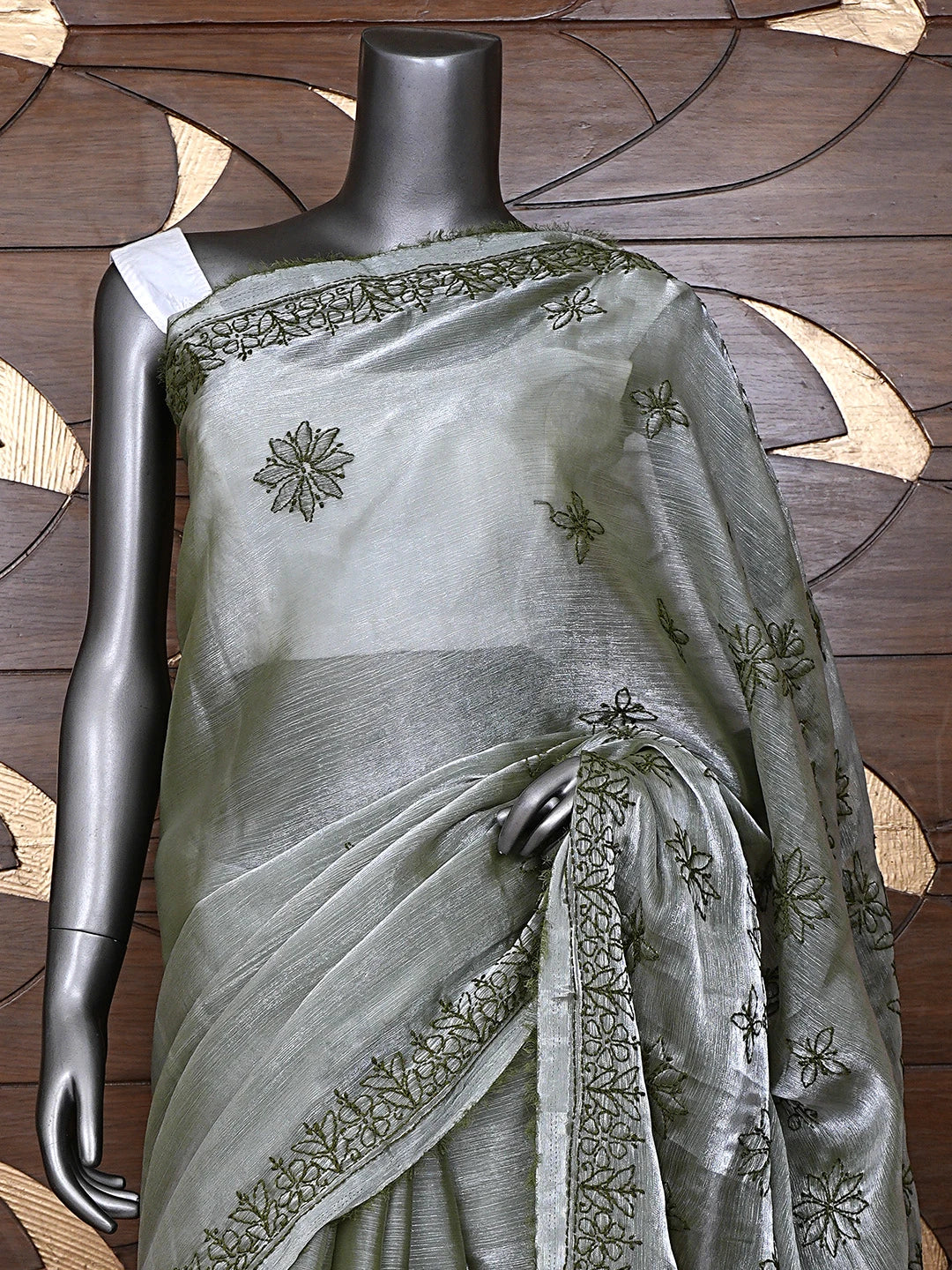 Ada Hand Embroidered Olive Green Organza Lucknowi Chikankari Saree and Blouse 01A901815