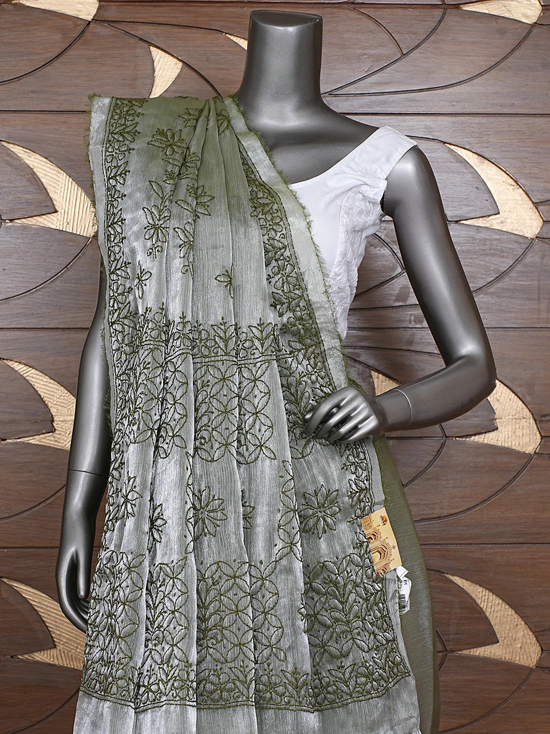Ada Hand Embroidered Olive Green Organza Lucknowi Chikankari Saree and Blouse 01A901815