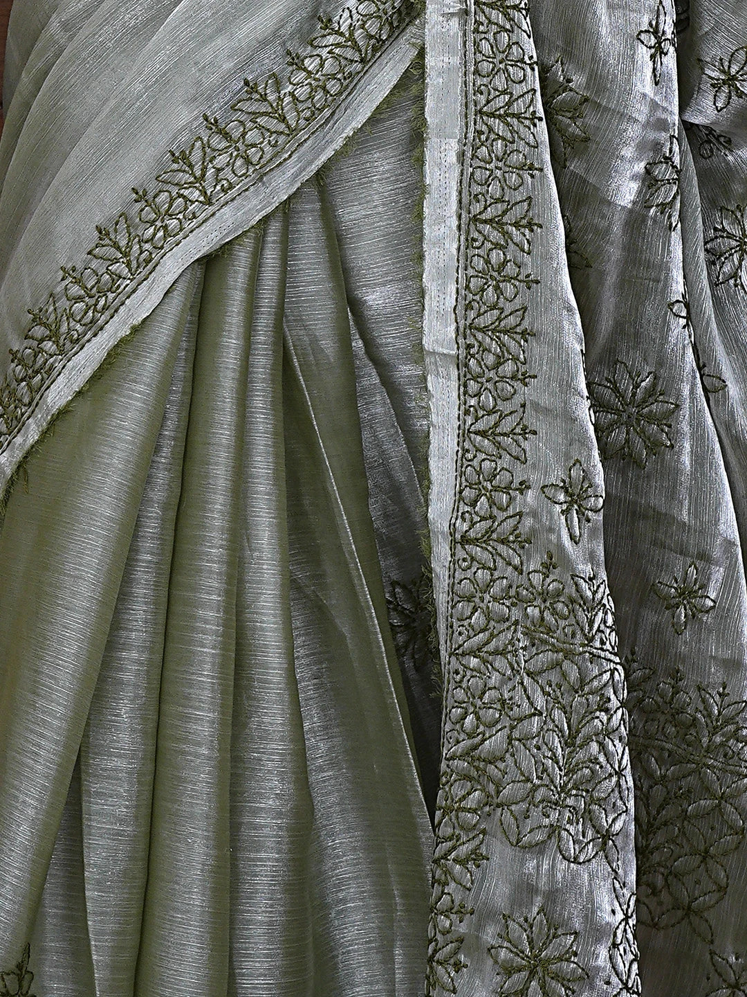 Ada Hand Embroidered Olive Green Organza Lucknowi Chikankari Saree and Blouse 01A901815