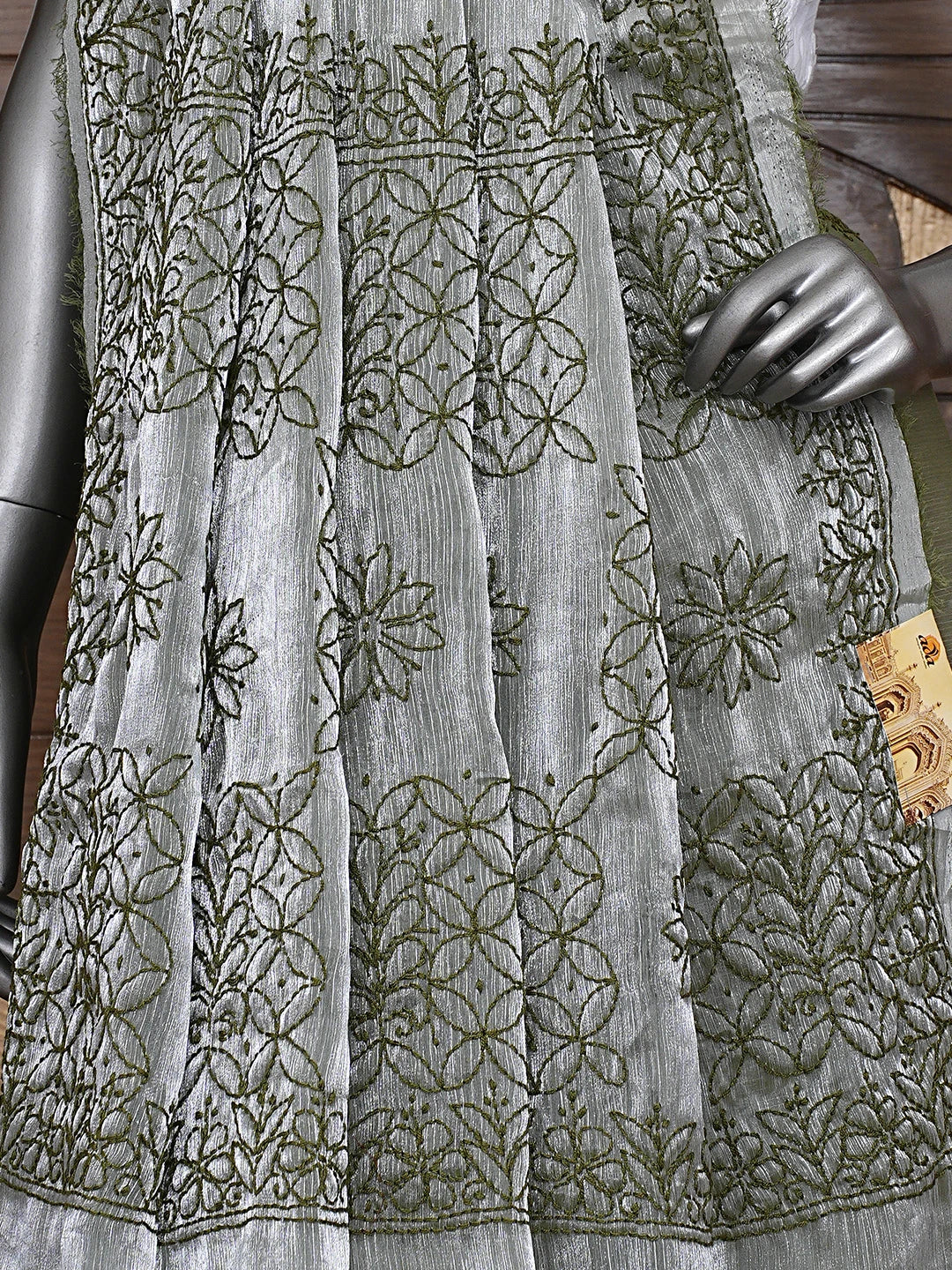 Ada Hand Embroidered Olive Green Organza Lucknowi Chikankari Saree and Blouse 01A901815