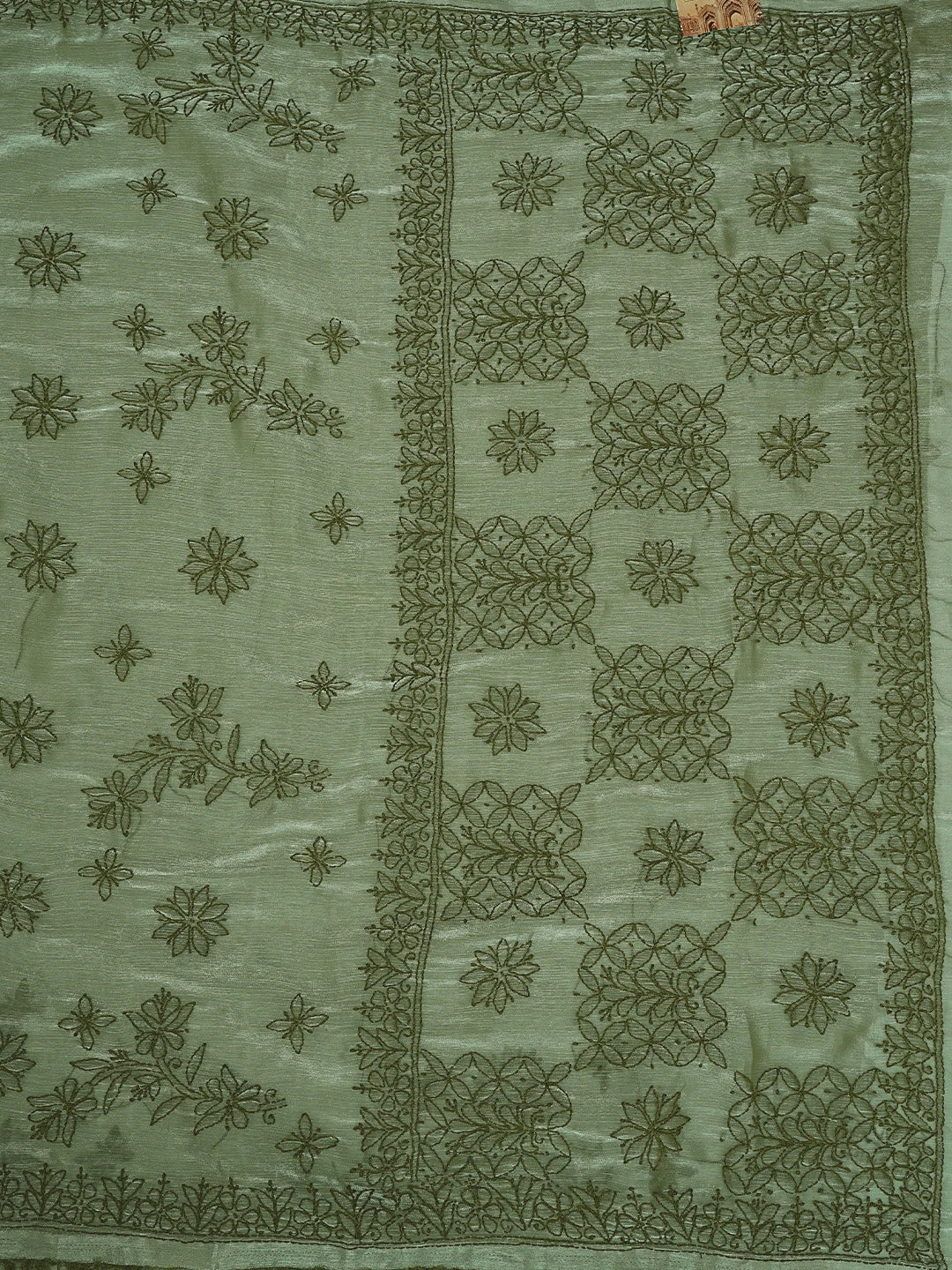 Ada Hand Embroidered Olive Green Organza Lucknowi Chikankari Saree and Blouse 01A901815