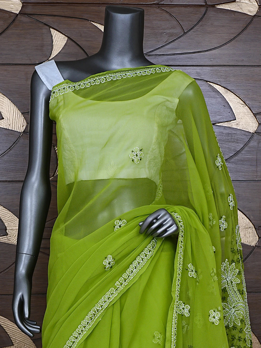 Ada Hand Embroidered Green Georgette Lucknowi Chikankari Saree and Blouse 01A892005