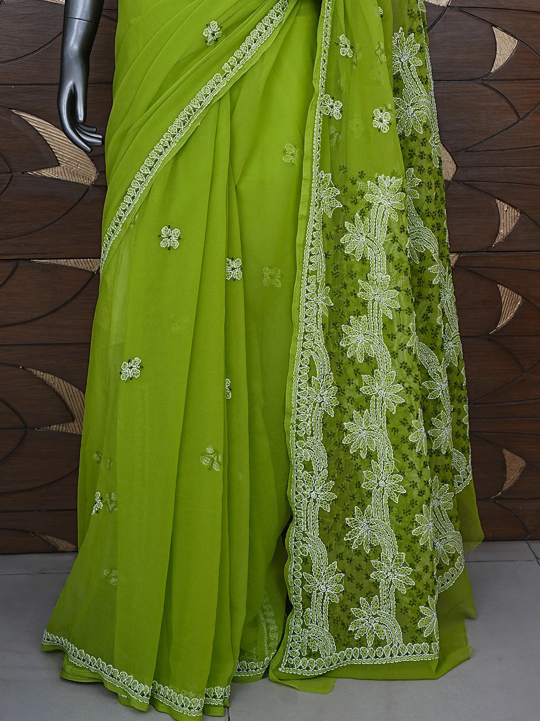 Ada Hand Embroidered Green Georgette Lucknowi Chikankari Saree and Blouse 01A892005