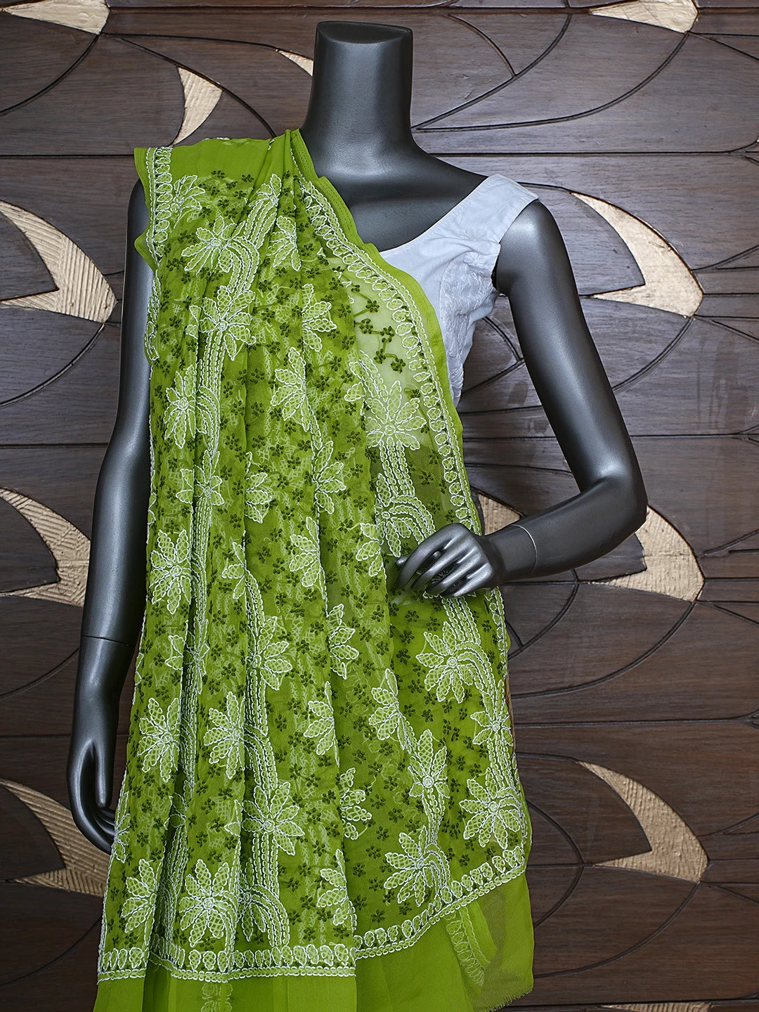 Ada Hand Embroidered Green Georgette Lucknowi Chikankari Saree and Blouse 01A892005