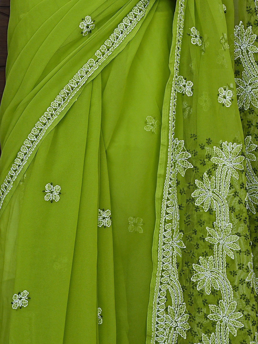 Ada Hand Embroidered Green Georgette Lucknowi Chikankari Saree and Blouse 01A892005