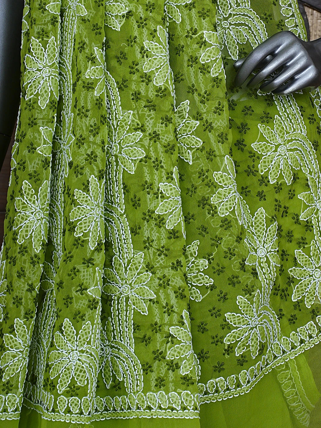 Ada Hand Embroidered Green Georgette Lucknowi Chikankari Saree and Blouse 01A892005