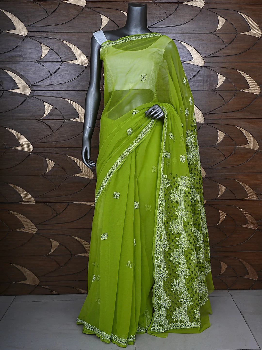 Ada Hand Embroidered Green Georgette Lucknowi Chikankari Saree and Blouse 01A892005