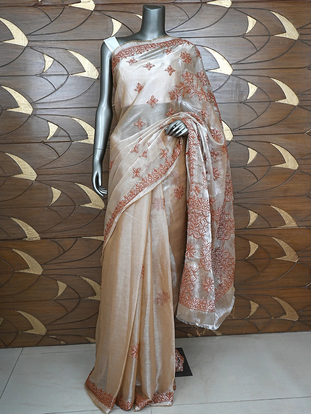 Ada Hand Embroidered Burberry Fawn Organza Lucknowi Chikankari Saree and Blouse 01A901810