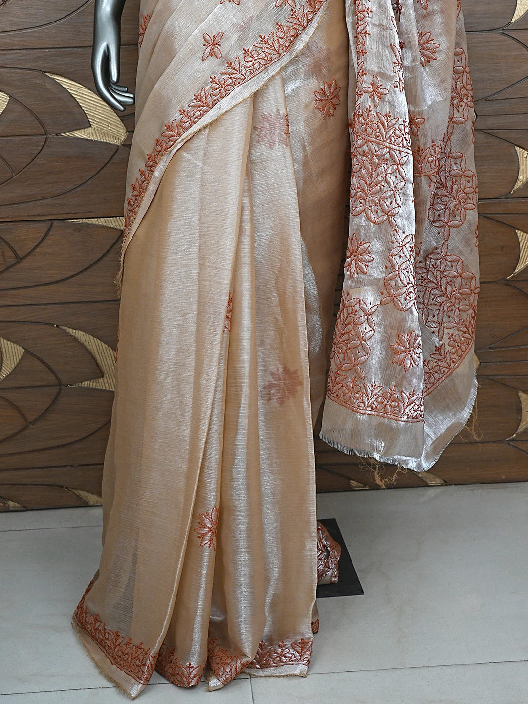 Ada Hand Embroidered Burberry Fawn Organza Lucknowi Chikankari Saree and Blouse 01A901810
