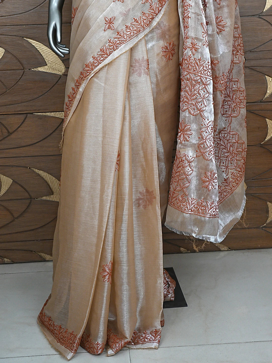 Ada Hand Embroidered Burberry Fawn Organza Lucknowi Chikankari Saree and Blouse 01A901810
