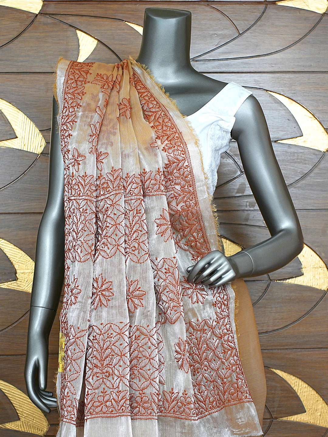 Ada Hand Embroidered Burberry Fawn Organza Lucknowi Chikankari Saree and Blouse 01A901810