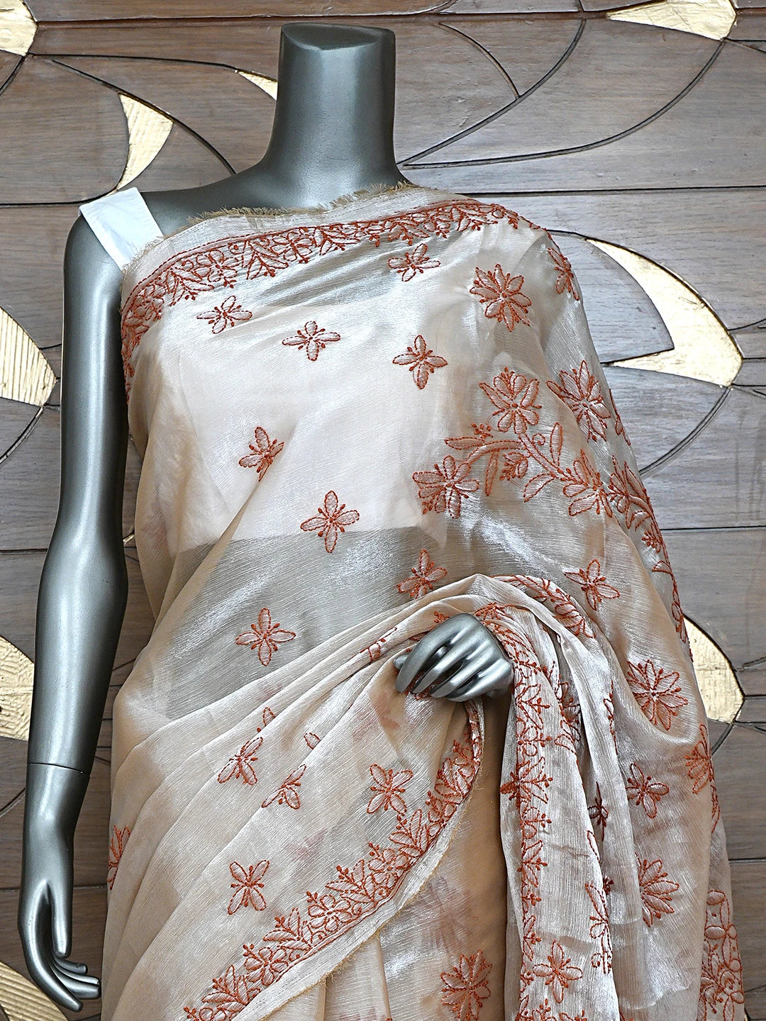 Ada Hand Embroidered Burberry Fawn Organza Lucknowi Chikankari Saree and Blouse 01A901810