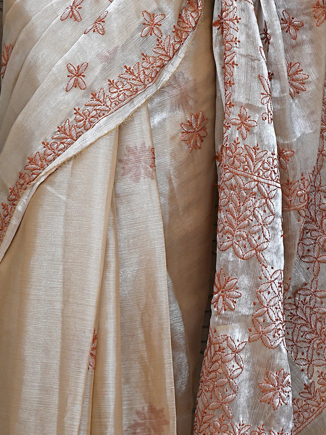 Ada Hand Embroidered Burberry Fawn Organza Lucknowi Chikankari Saree and Blouse 01A901810