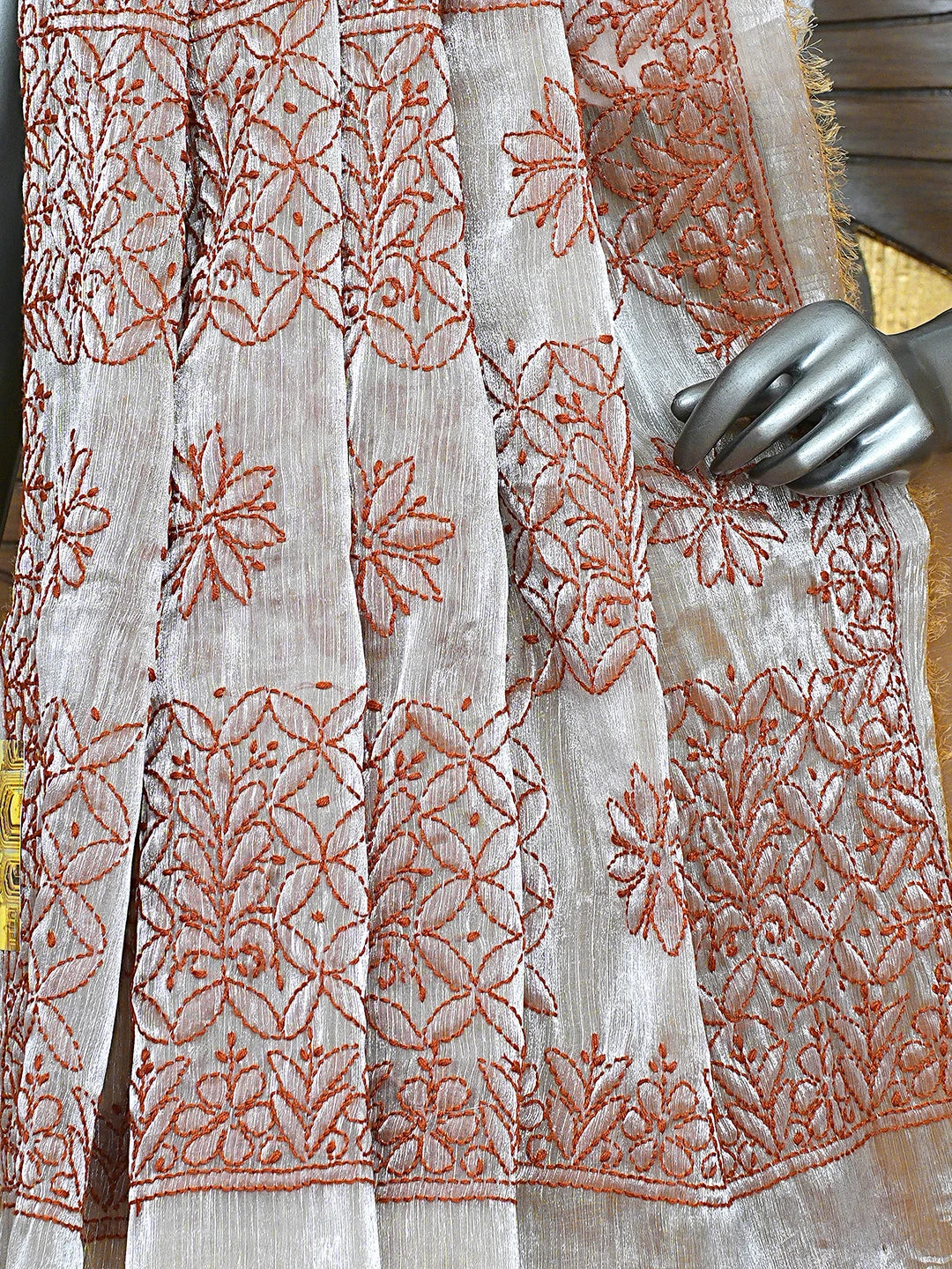 Ada Hand Embroidered Burberry Fawn Organza Lucknowi Chikankari Saree and Blouse 01A901810
