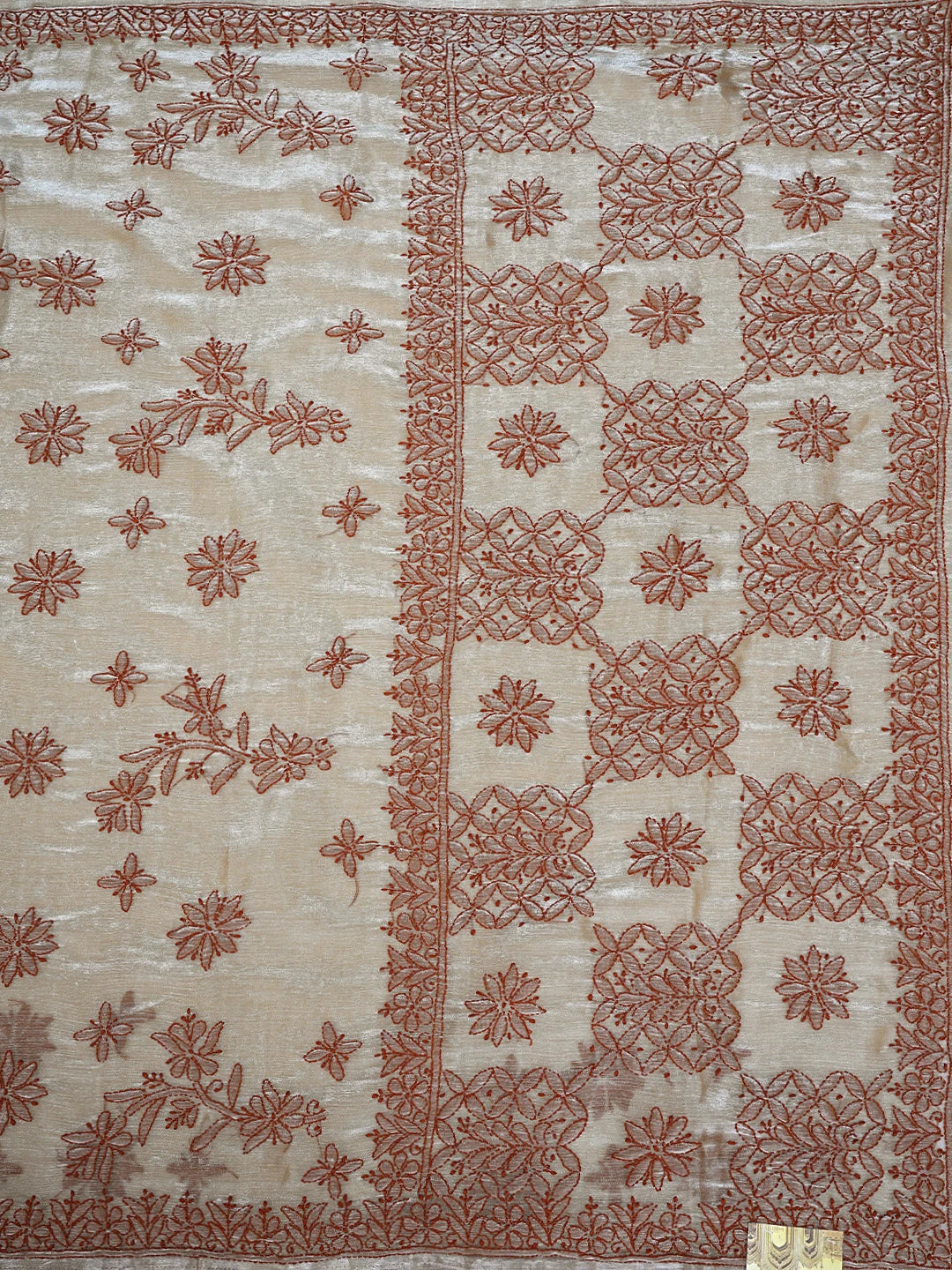 Ada Hand Embroidered Burberry Fawn Organza Lucknowi Chikankari Saree and Blouse 01A901810