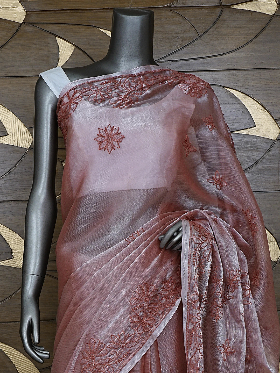 Ada Hand Embroidered Burberry Dusty Peach Organza Lucknowi Chikankari Saree and Blouse 01A901807