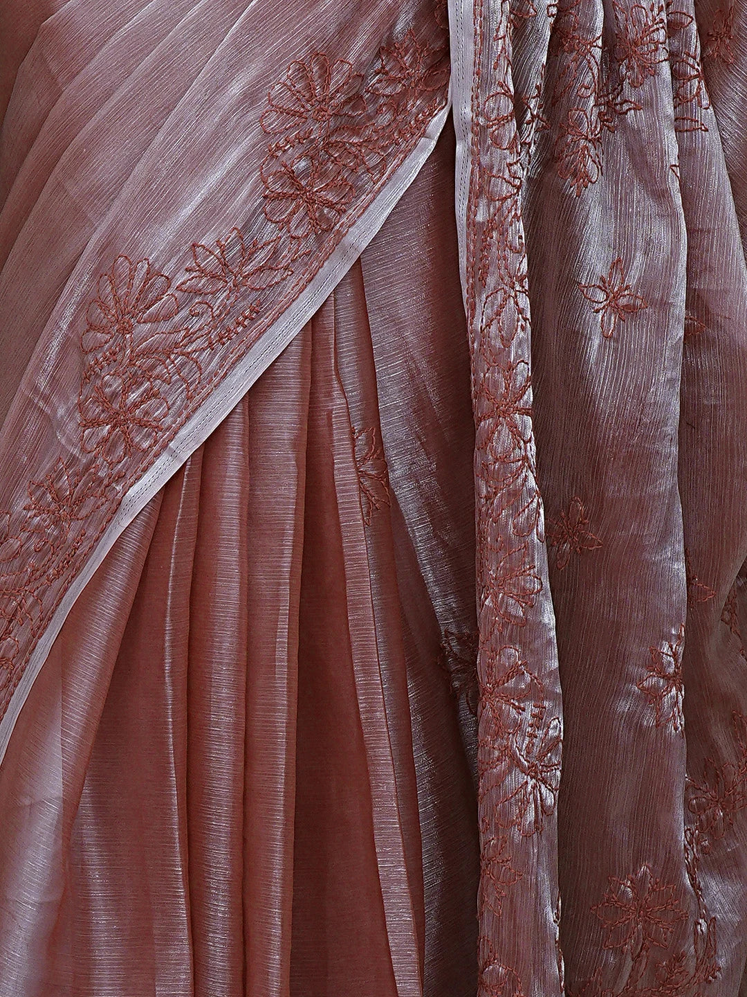 Ada Hand Embroidered Burberry Dusty Peach Organza Lucknowi Chikankari Saree and Blouse 01A901807