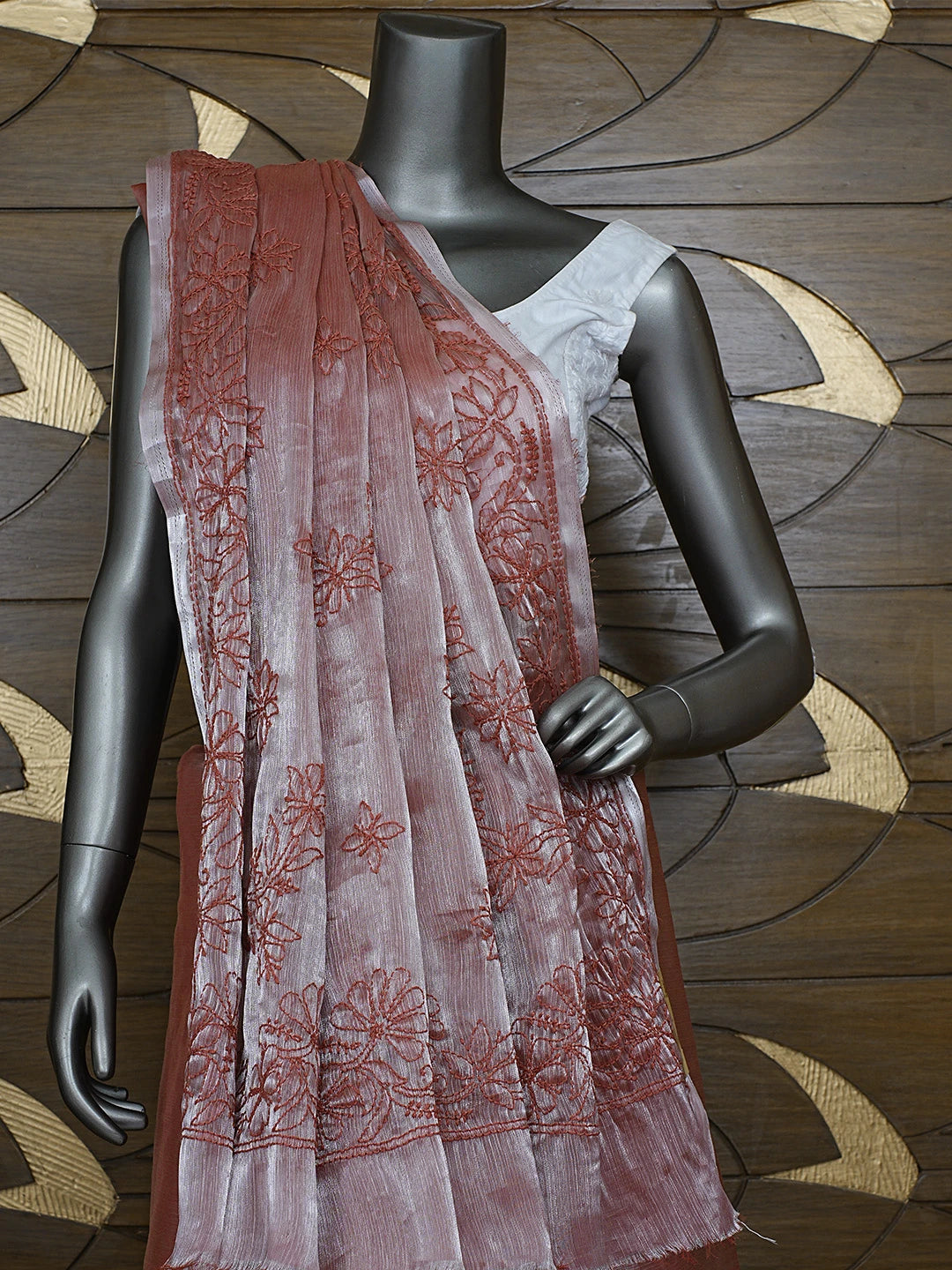Ada Hand Embroidered Burberry Dusty Peach Organza Lucknowi Chikankari Saree and Blouse 01A901807