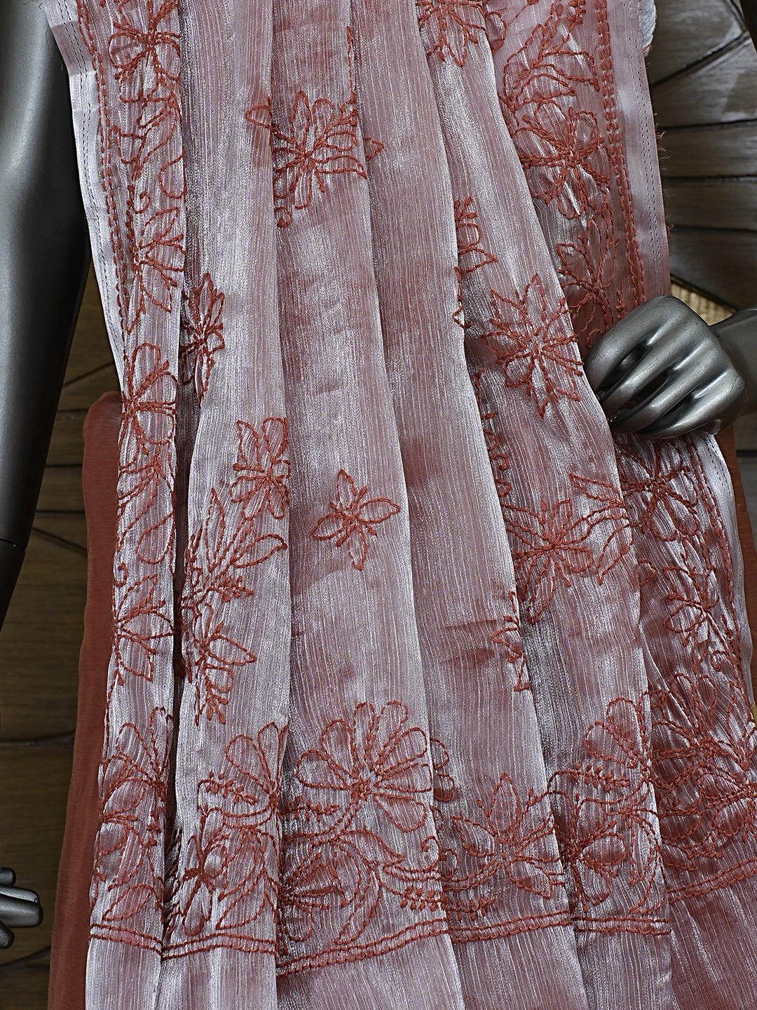Ada Hand Embroidered Burberry Dusty Peach Organza Lucknowi Chikankari Saree and Blouse 01A901807