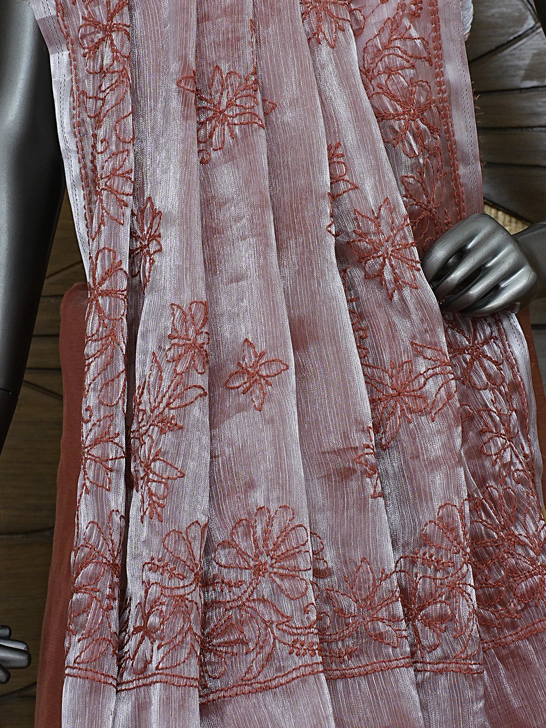 Ada Hand Embroidered Burberry Dusty Peach Organza Lucknowi Chikankari Saree and Blouse 01A901807