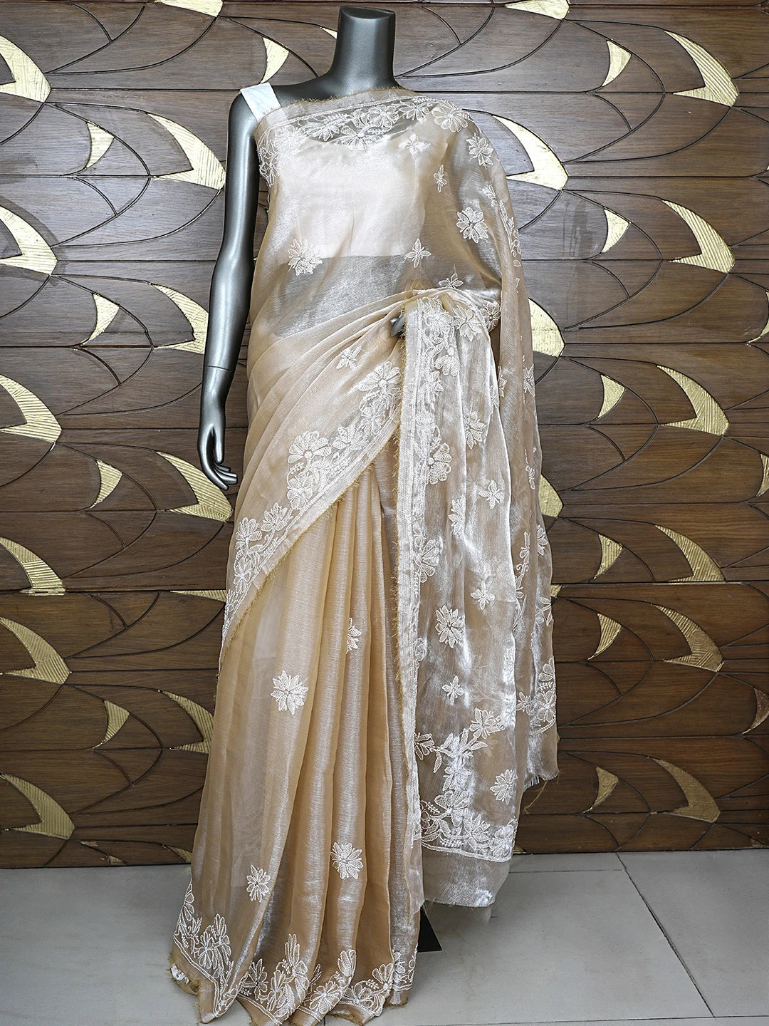 Ada Hand Embroidered Burberry Fawn Organza Lucknowi Chikankari Saree and Blouse 01A901813