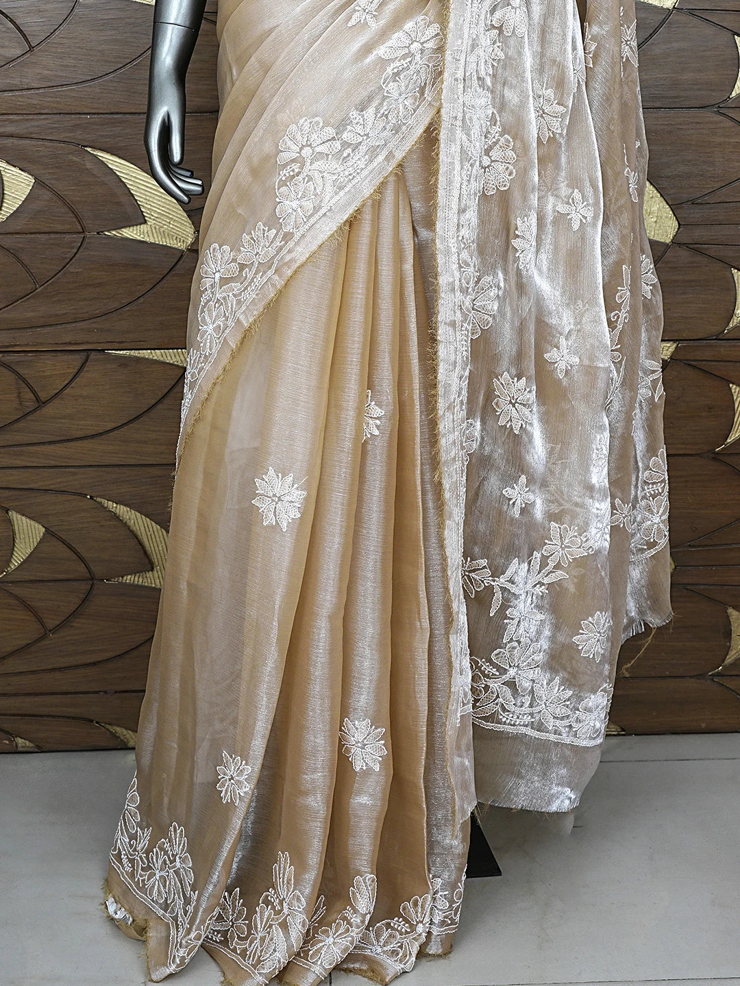 Ada Hand Embroidered Burberry Fawn Organza Lucknowi Chikankari Saree and Blouse 01A901813