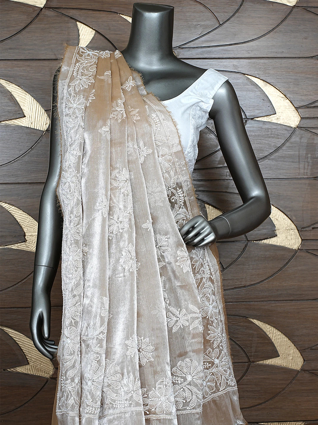 Ada Hand Embroidered Burberry Fawn Organza Lucknowi Chikankari Saree and Blouse 01A901813