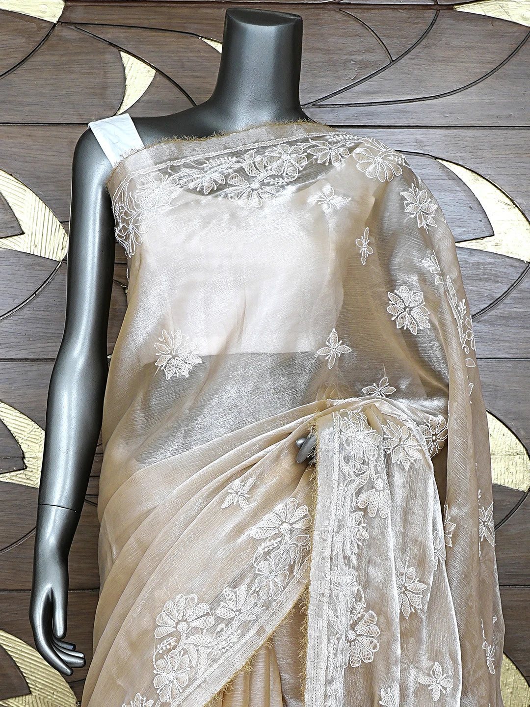 Ada Hand Embroidered Burberry Fawn Organza Lucknowi Chikankari Saree and Blouse 01A901813