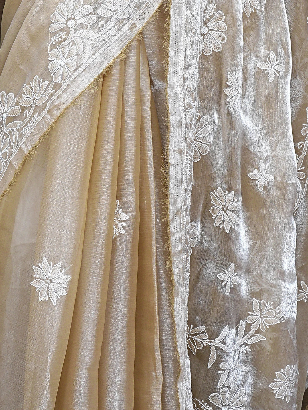 Ada Hand Embroidered Burberry Fawn Organza Lucknowi Chikankari Saree and Blouse 01A901813