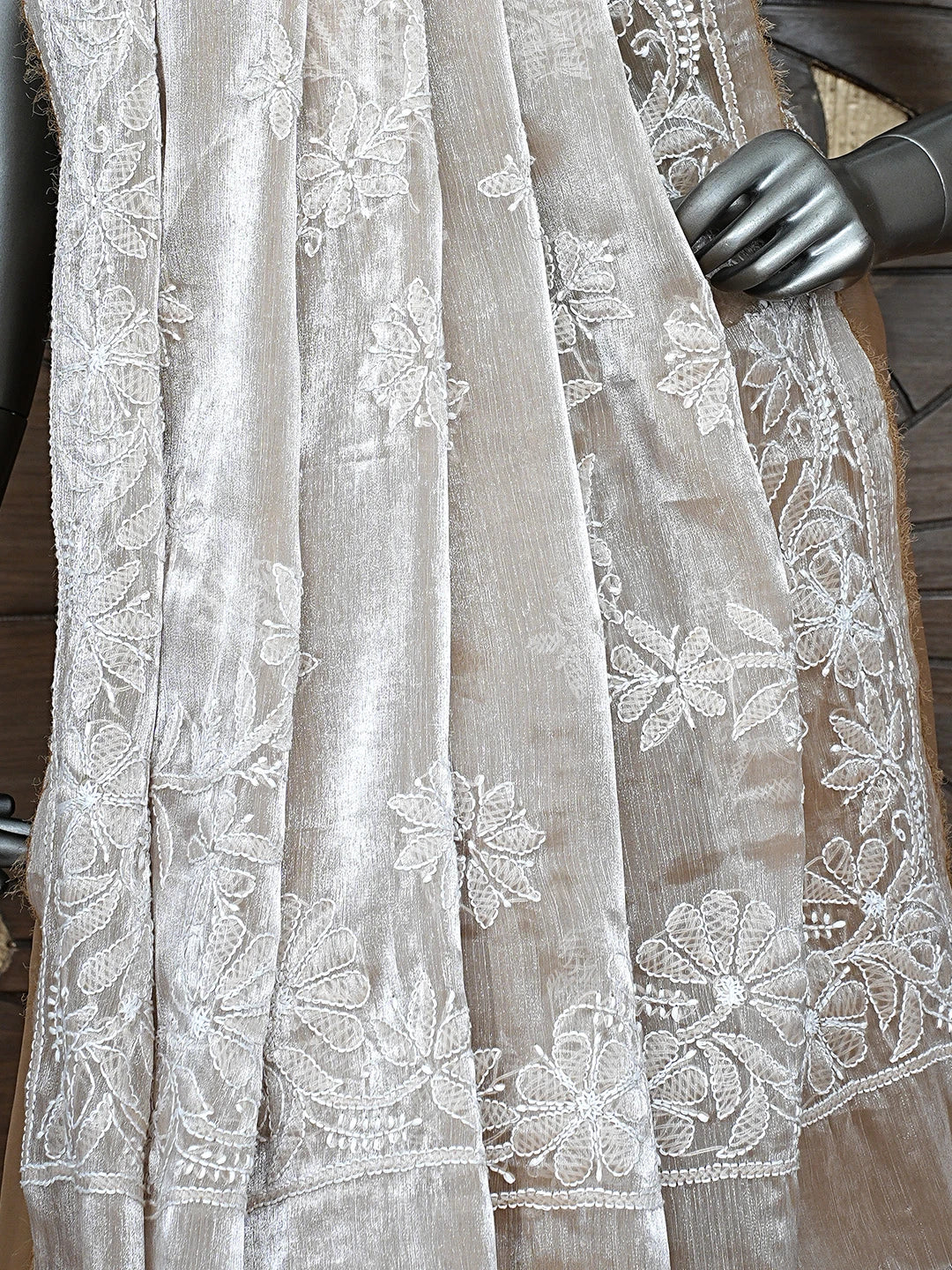 Ada Hand Embroidered Burberry Fawn Organza Lucknowi Chikankari Saree and Blouse 01A901813