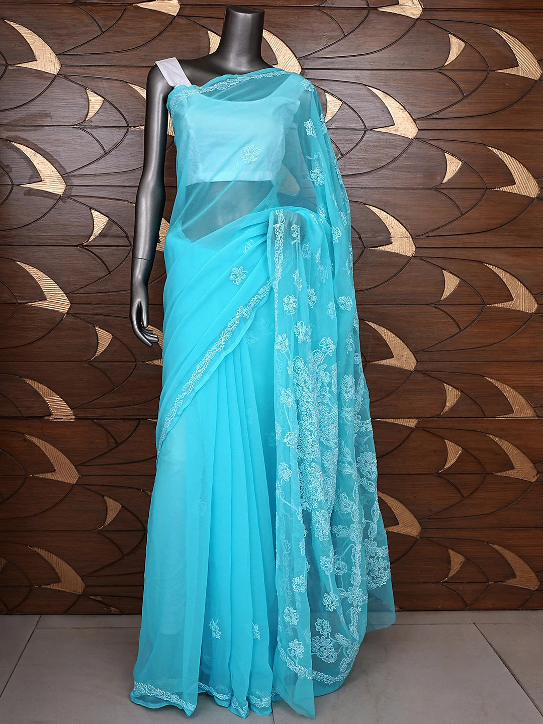 Ada Hand Embroidered Blue Georgette Lucknowi Chikankari Saree and Blouse 01A905430