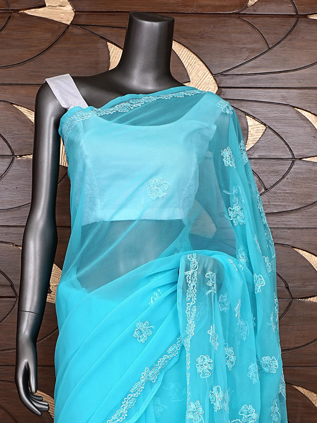 Ada Hand Embroidered Blue Georgette Lucknowi Chikankari Saree and Blouse 01A905430