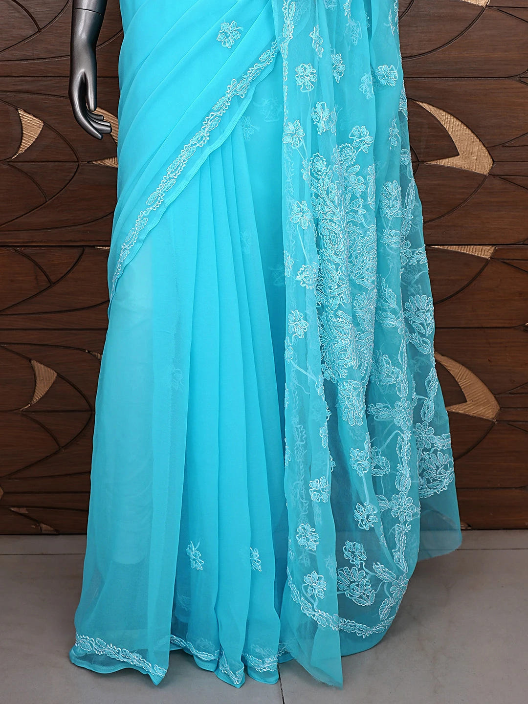 Ada Hand Embroidered Blue Georgette Lucknowi Chikankari Saree and Blouse 01A905430