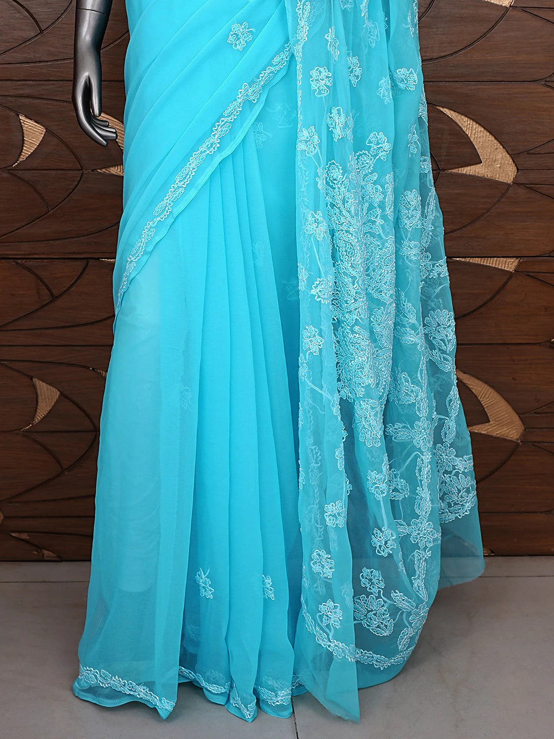 Ada Hand Embroidered Blue Georgette Lucknowi Chikankari Saree and Blouse 01A905430