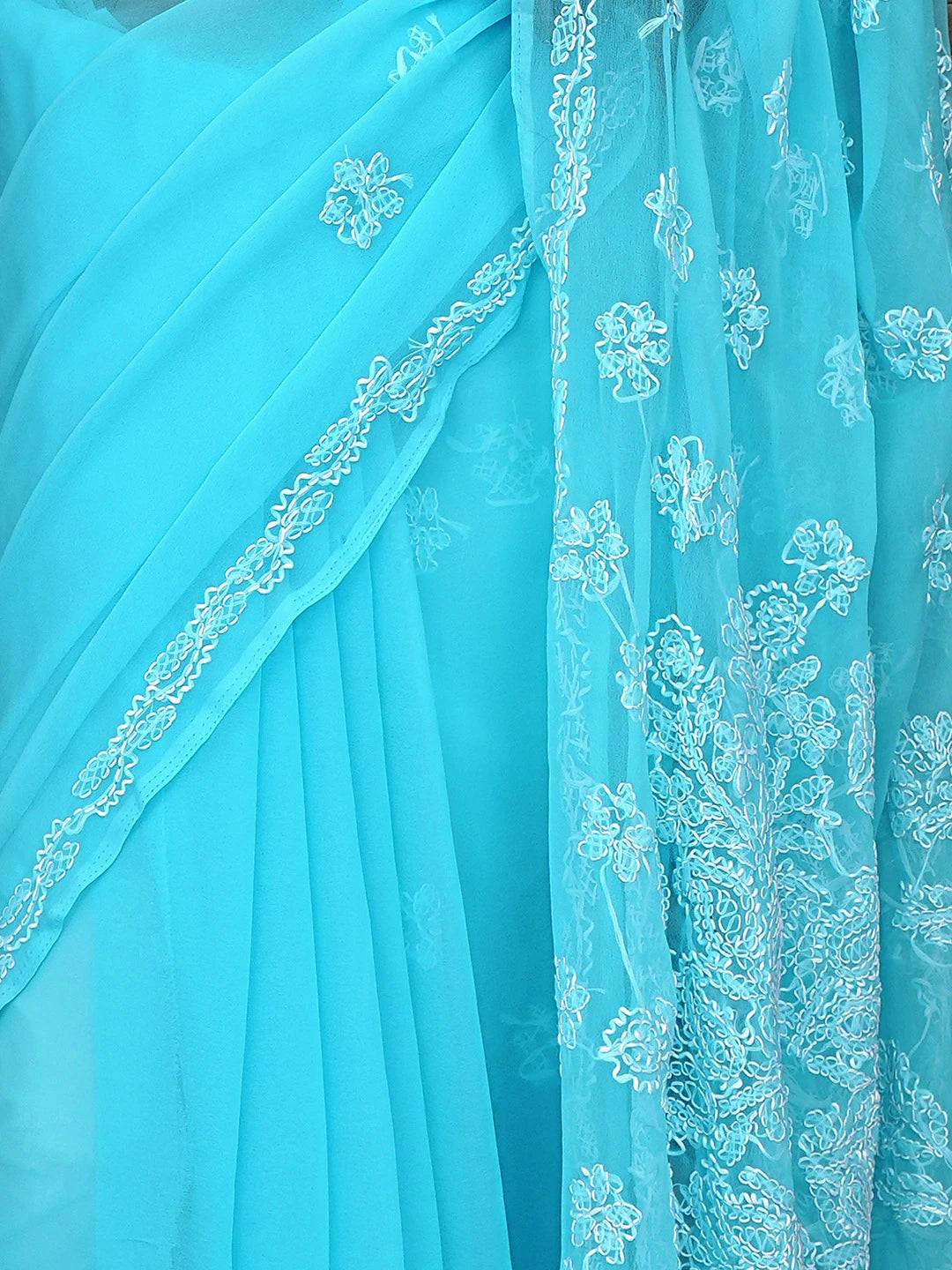 Ada Hand Embroidered Blue Georgette Lucknowi Chikankari Saree and Blouse 01A905430