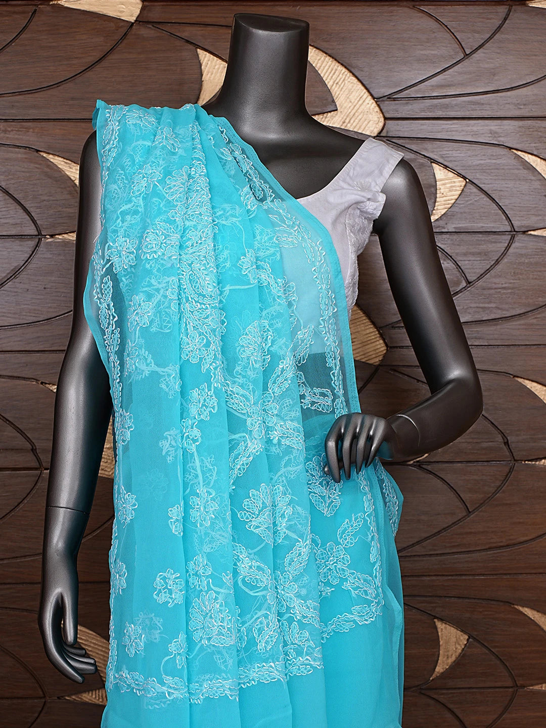 Ada Hand Embroidered Blue Georgette Lucknowi Chikankari Saree and Blouse 01A905430