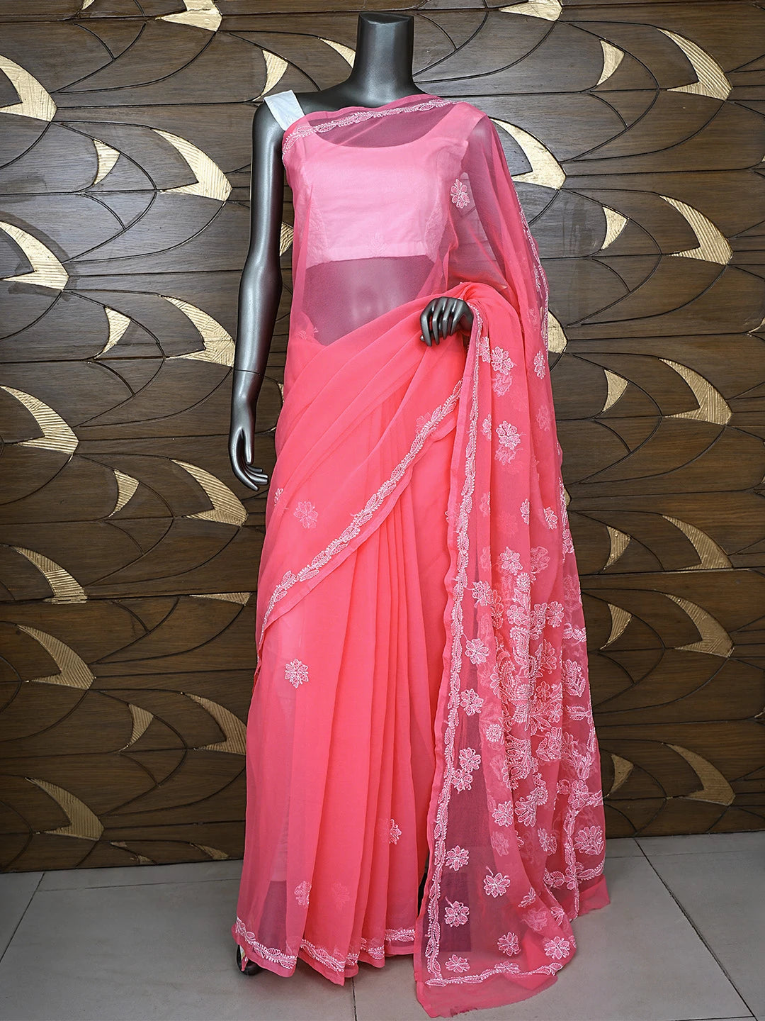 Ada Hand Embroidered Carrot Pink Georgette Lucknowi Chikankari Saree and Blouse 01A905438