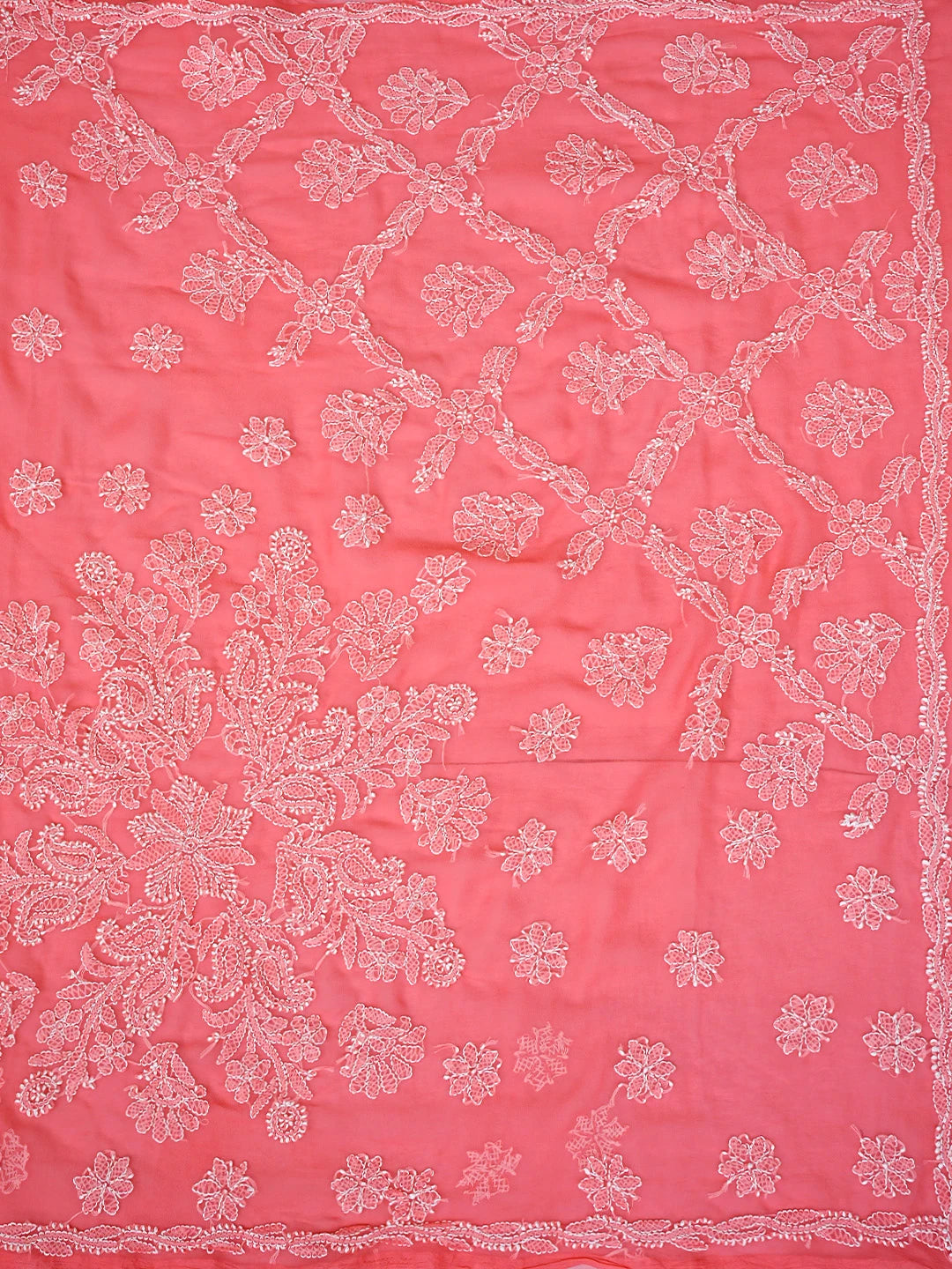Ada Hand Embroidered Carrot Pink Georgette Lucknowi Chikankari Saree and Blouse 01A905438
