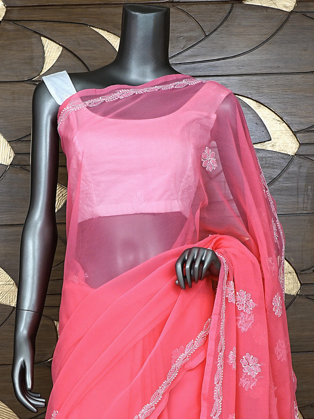 Ada Hand Embroidered Carrot Pink Georgette Lucknowi Chikankari Saree and Blouse 01A905438