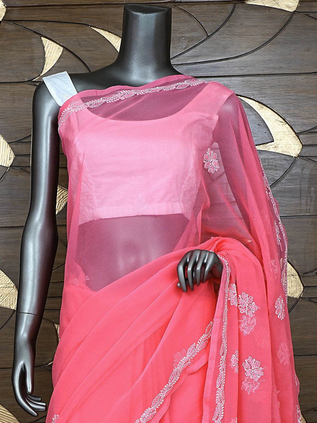 Ada Hand Embroidered Carrot Pink Georgette Lucknowi Chikankari Saree and Blouse 01A905438