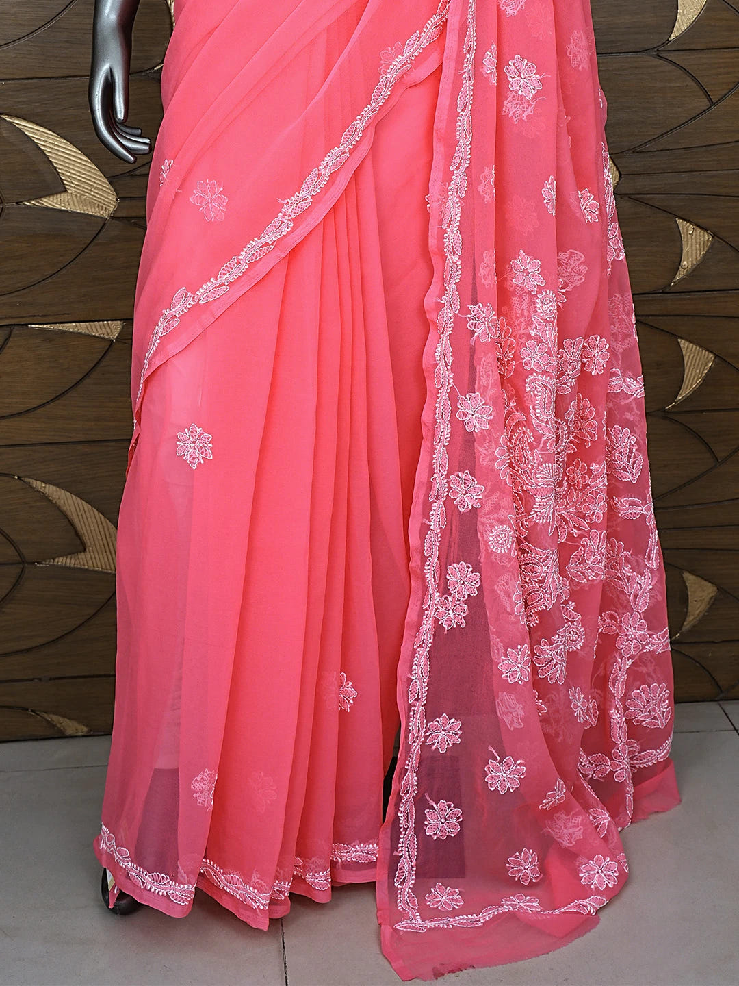 Ada Hand Embroidered Carrot Pink Georgette Lucknowi Chikankari Saree and Blouse 01A905438
