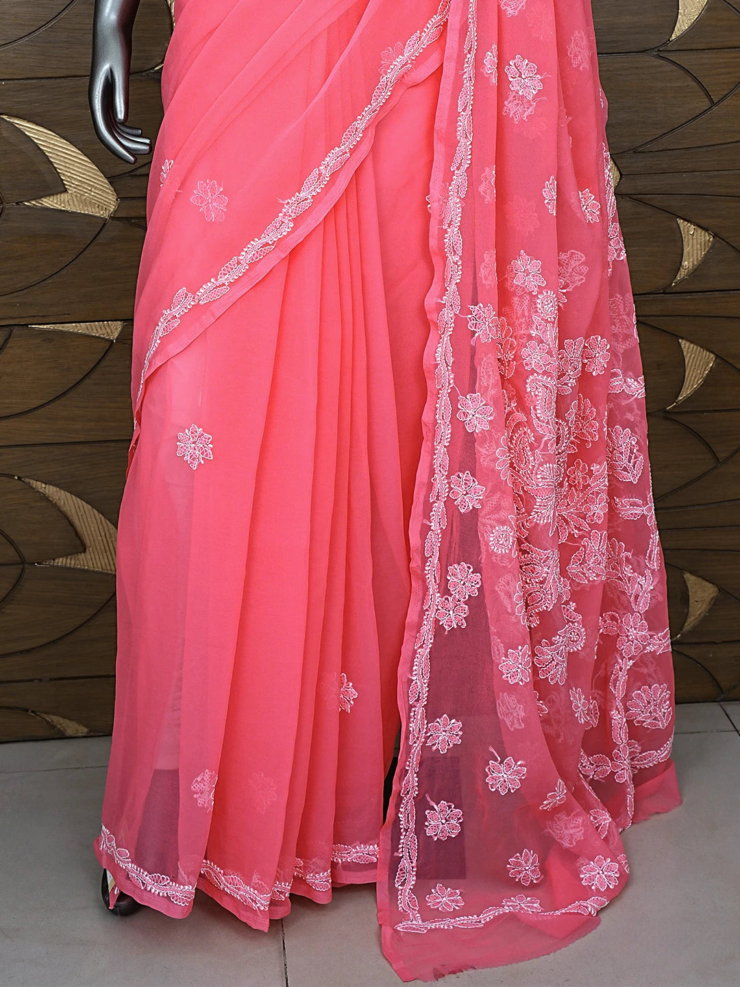 Ada Hand Embroidered Carrot Pink Georgette Lucknowi Chikankari Saree and Blouse 01A905438